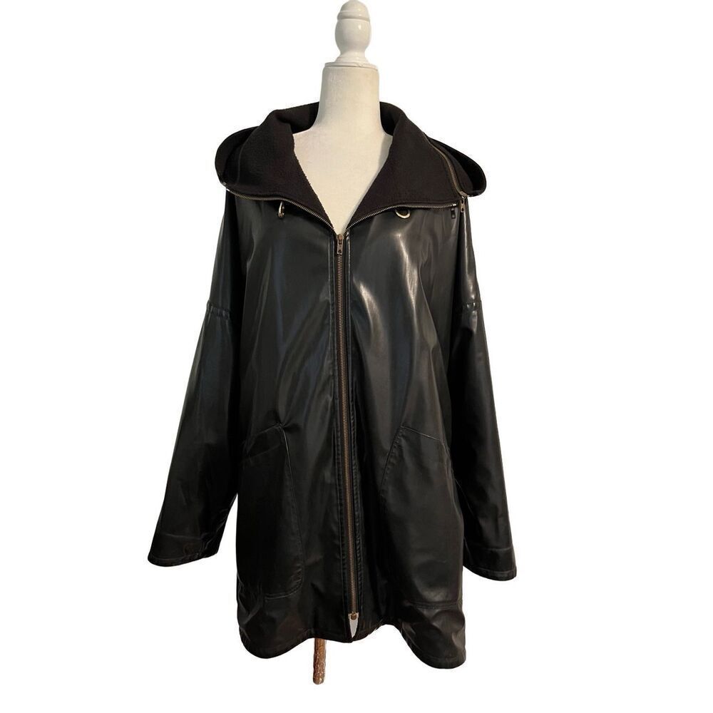 Vintage Oxford Street Paris faux black leather flared wide lapel hooded jacket